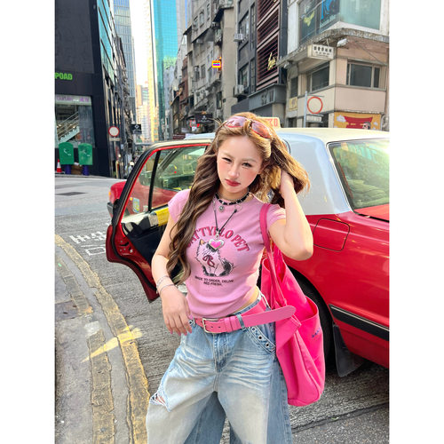 美式修身轻薄猫咪印花短袖T恤