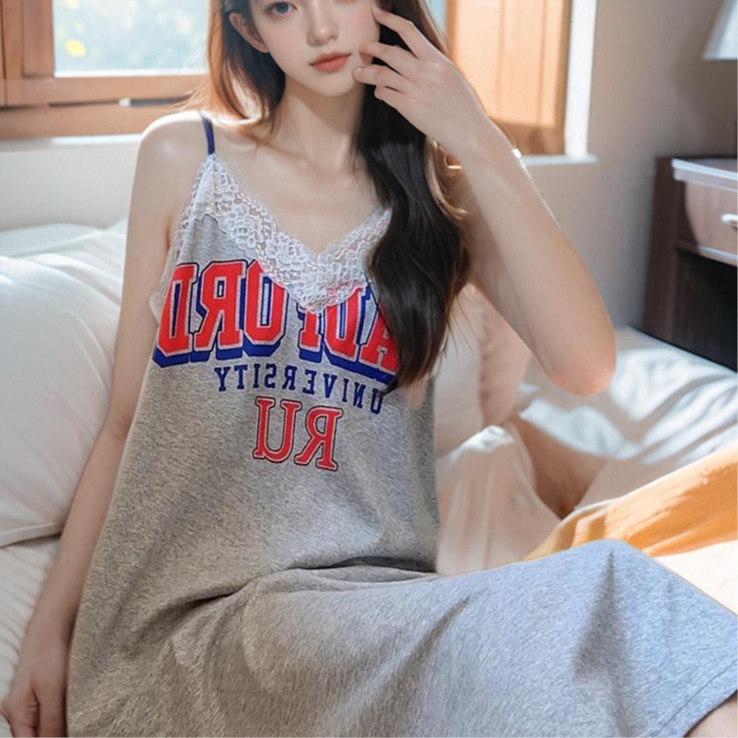 少女冰丝居家服薄款带胸垫睡裙子女款冰丝睡衣丝料睡裙款可外穿潮