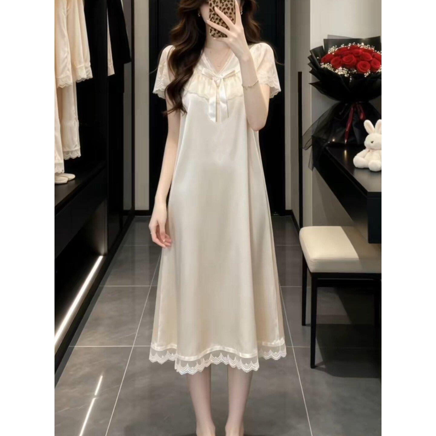 少女冰丝居家服薄款带胸垫睡裙子女款冰丝睡衣丝料睡裙款可外穿潮