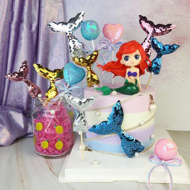 美人鱼尾巴生日蛋糕装饰插件心形爱心棒棒糖创意蛋糕甜品台摆件