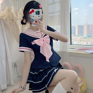 妙也可水手服原创正版软妹蓬蓬裙百褶裙显瘦学院风jk收腰制服套装