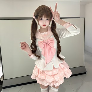 粉色水手服jk正版原创甜妹裙子套装妙也可蓬蓬裙百褶裙收腰制服女