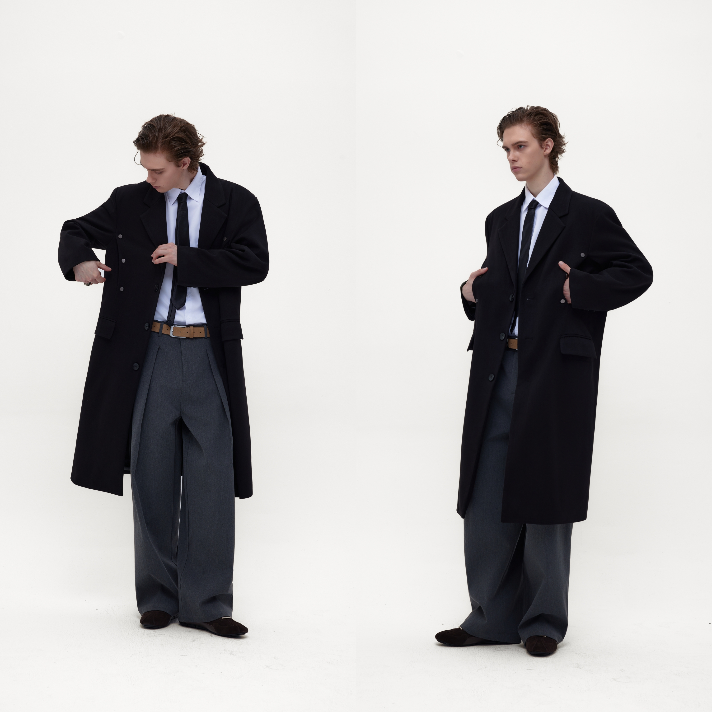 DERT人字纹毛呢大衣长款