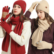 Winter women's wool hat scarf and gloves set with leather an