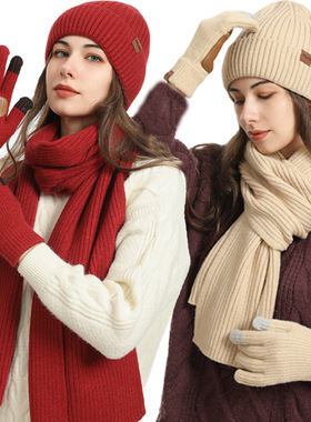 Winter women's wool hat scarf and gloves set with leather an