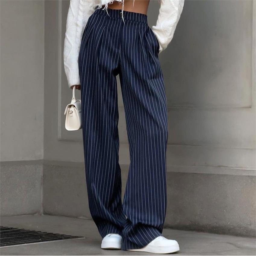 Women's INS High Waist Tube Wide Leg Pants Navy Blue Stripe