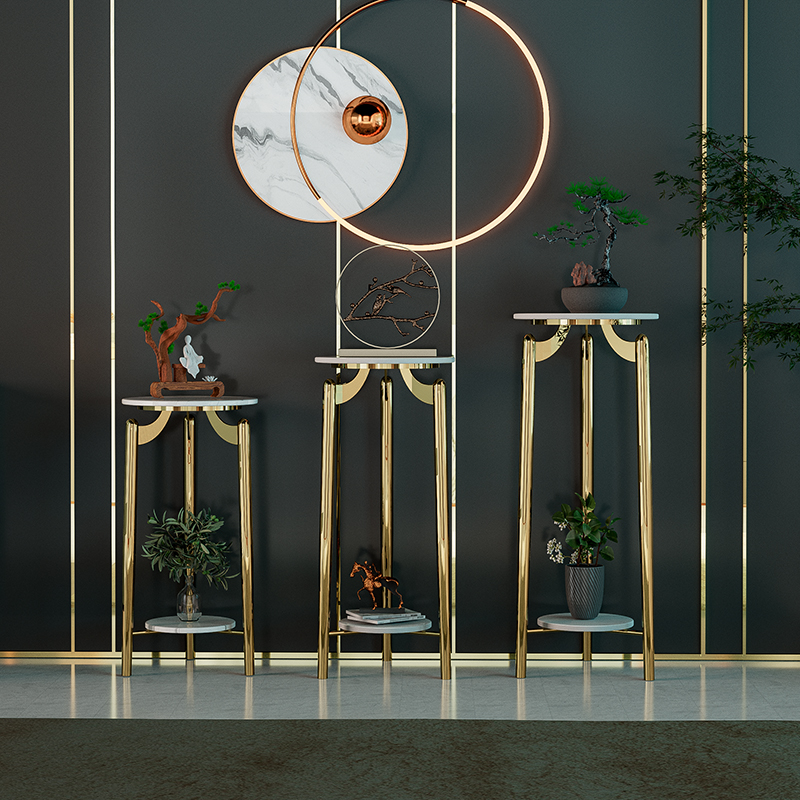 中式轻奢风不锈钢岩板花架置物架