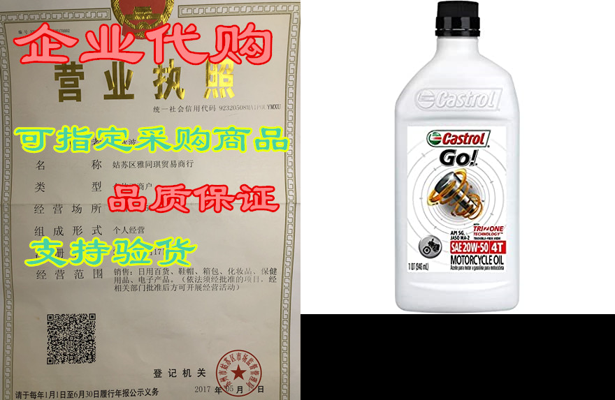 castrol 06102 go! 20w-50 4t motorcycle oil - 1 quart bott