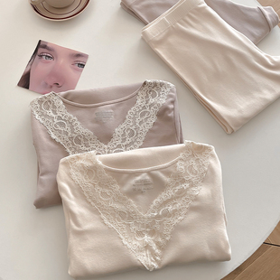 羊毛蚕丝蕾丝磨毛保暖内衣套装女长袖修身秋冬本命年打底秋衣秋裤