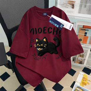 女童短袖t恤纯棉夏季款仿刺绣洋气卡通小猫印花中大童百搭ins上衣