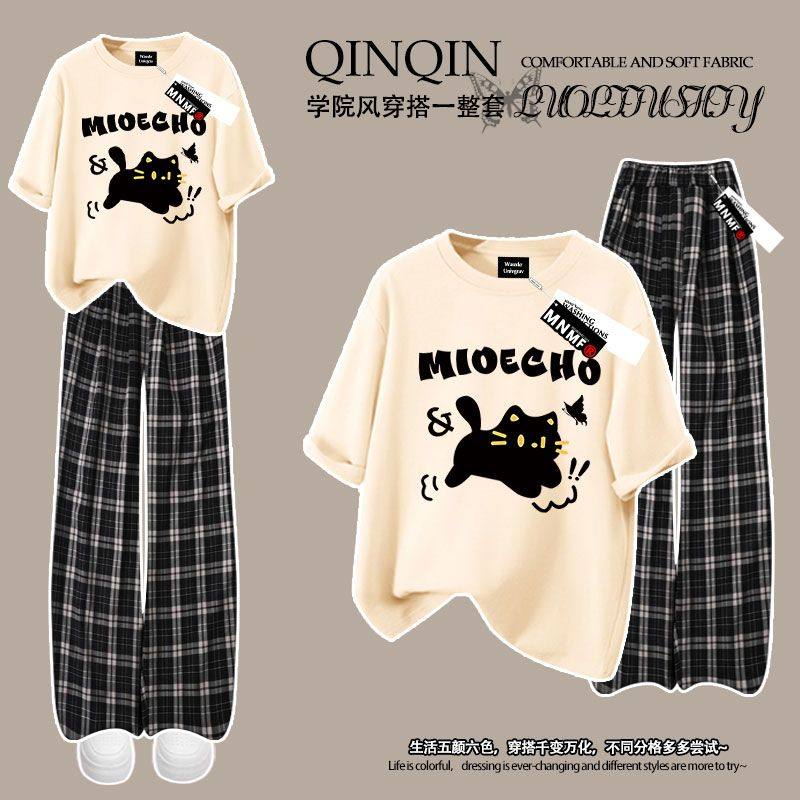 夏季新款男女童纯棉t恤短袖长裤套装洋气韩版猫咪印花休闲格子裤
