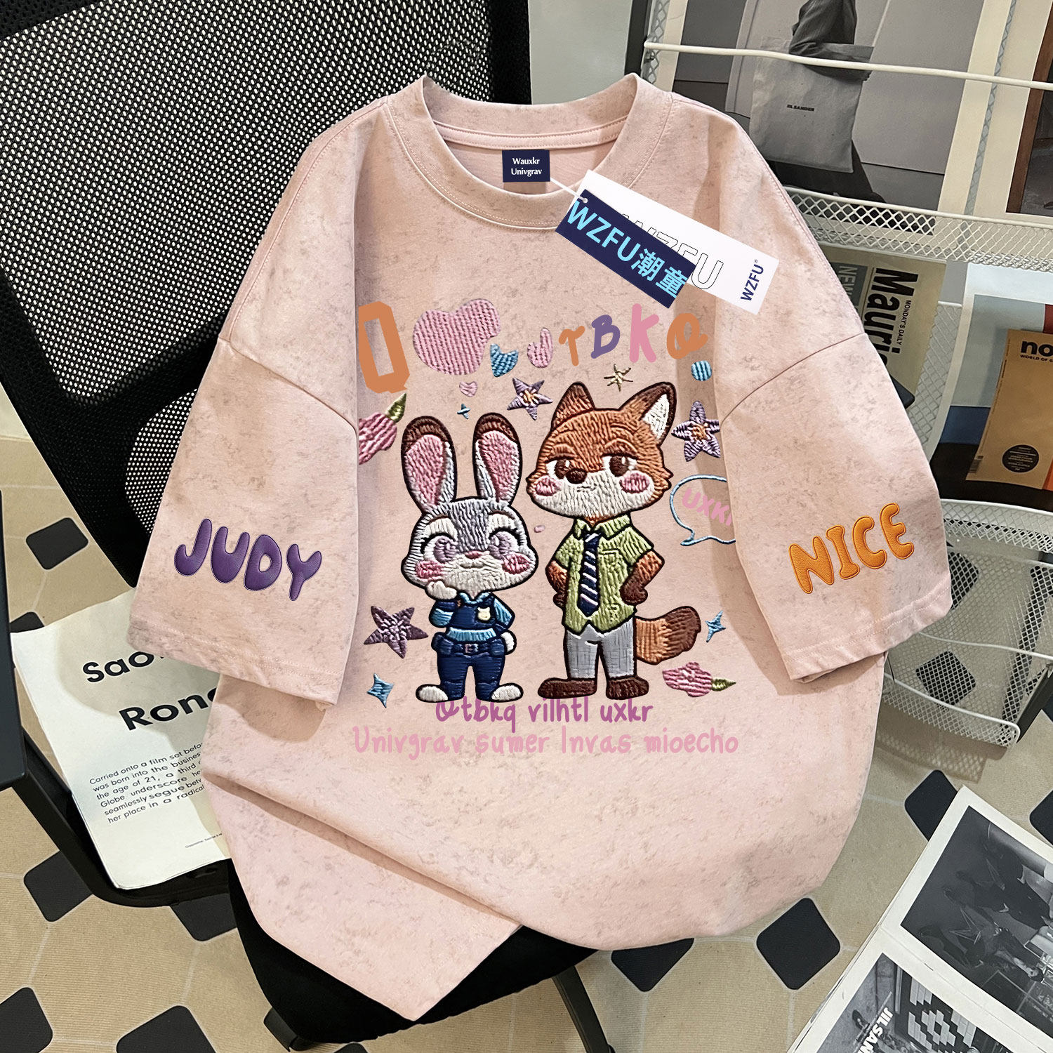 卡通尼克朱迪仿刺绣女童扎染短袖T恤中大童夏季纯棉半袖上衣国潮