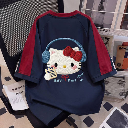 插肩三条杠短袖女童夏季仿刺绣卡通KT小猫中大童百搭运动风上衣潮