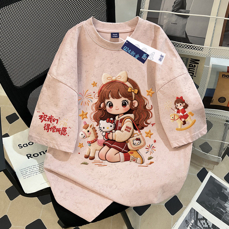 女童扎染短袖T恤洋气小猫女孩印花中大童夏季100纯棉宽松半袖上衣