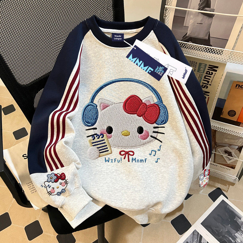 女童插肩三条杠圆领卫衣卡通印花中大童2026秋冬装加绒保暖上衣潮