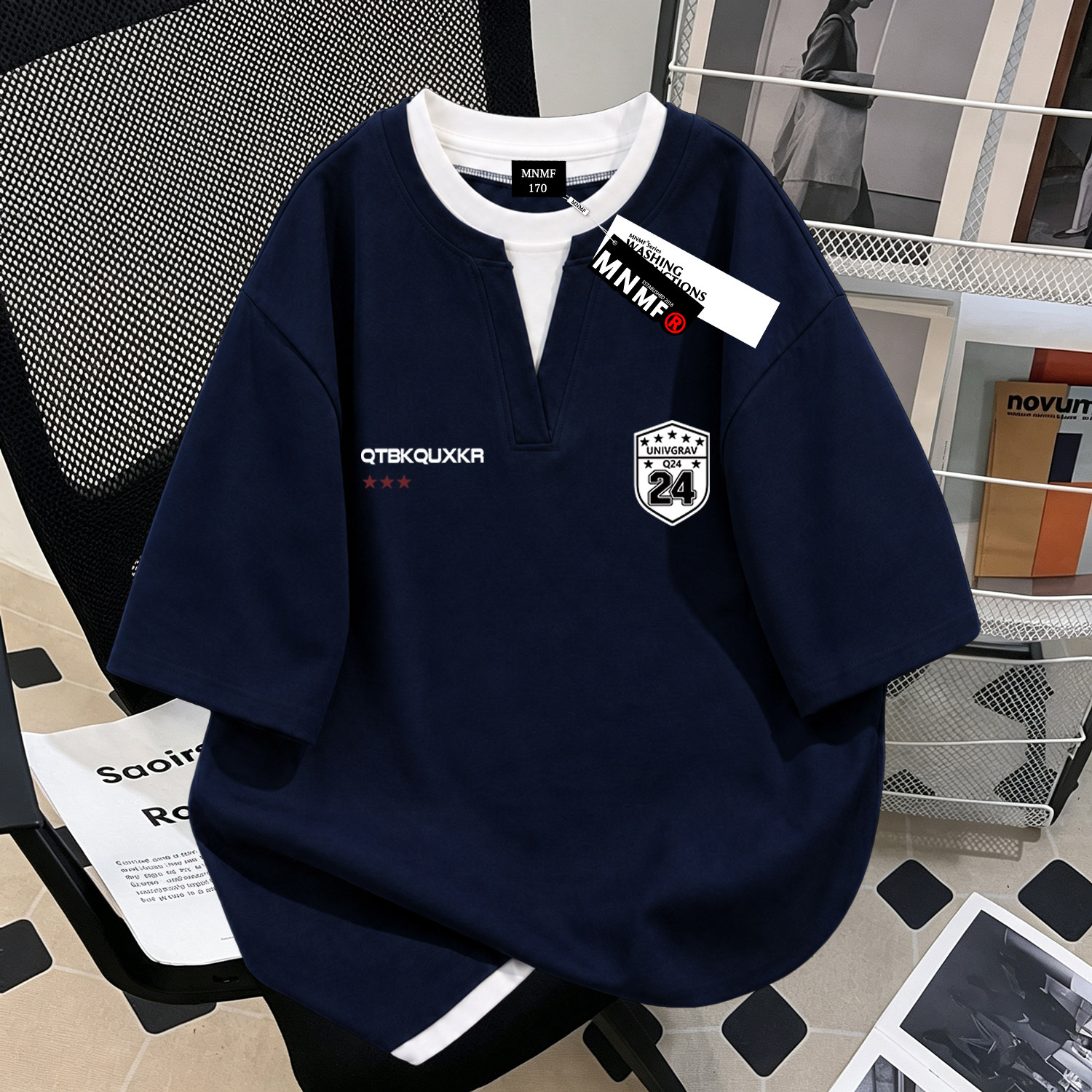 男女童夏季新款假两件短袖T恤美式勋章字母印花纯棉百搭学生上衣