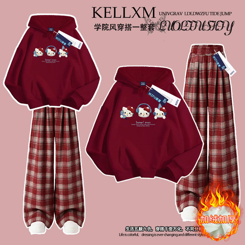 2026秋冬新款卡通仿刺绣小猫女童连帽卫衣格子裤中大儿童加绒套装