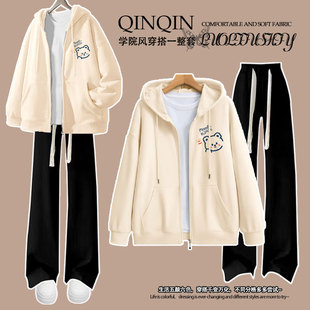 女童拉链卫衣秋冬套装连帽外套加绒洋气中大童薄款长裤两件装上衣