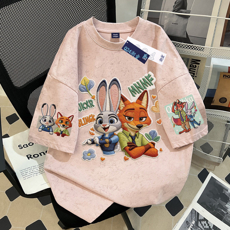 女童扎染纯棉短袖T恤夏季2026新款洋气疯狂动物城中大童半袖上衣