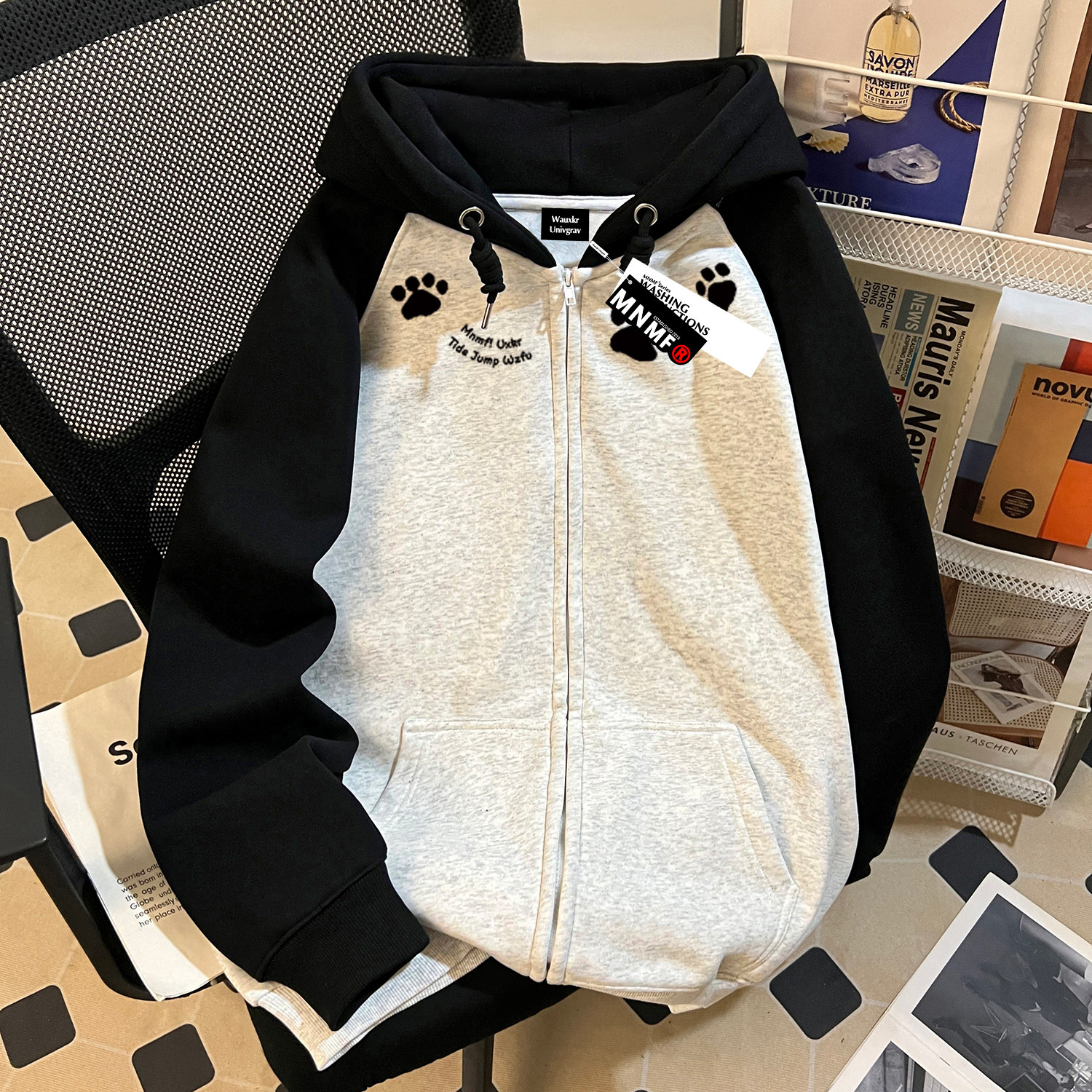 2025秋冬新款男女童插肩拉链连帽卫衣美式潮牌猫爪印花中大童上衣