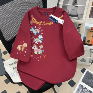 仿刺绣女童纯棉短袖T恤夏季2026新款卡通小马印花中大童半袖上衣