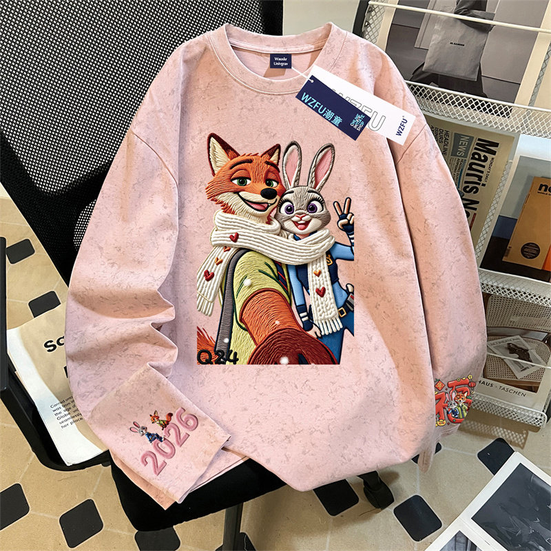 2026福气喜迎新春卡通男女童纯棉扎染长袖t恤初中生休闲新年服ins