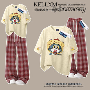 女童纯棉扎染短袖t恤格子裤夏季2026新款卡通国潮印花中学生套装