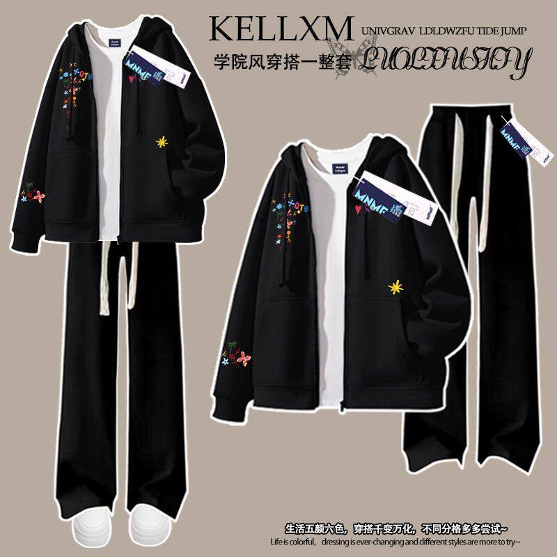 女童秋冬美式设计感花卉印花加绒拉链连帽卫衣套装百搭潮牌两件套