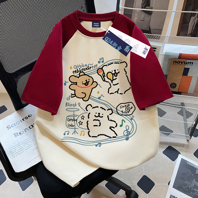 洋气线条小狗印花女童插肩短袖T恤中大童夏季宽松纯棉圆领上衣潮