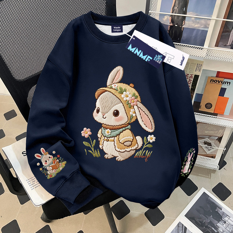 女童秋冬新款加绒卫衣套装仿刺绣卡通兔子印花中大童加厚保暖上衣