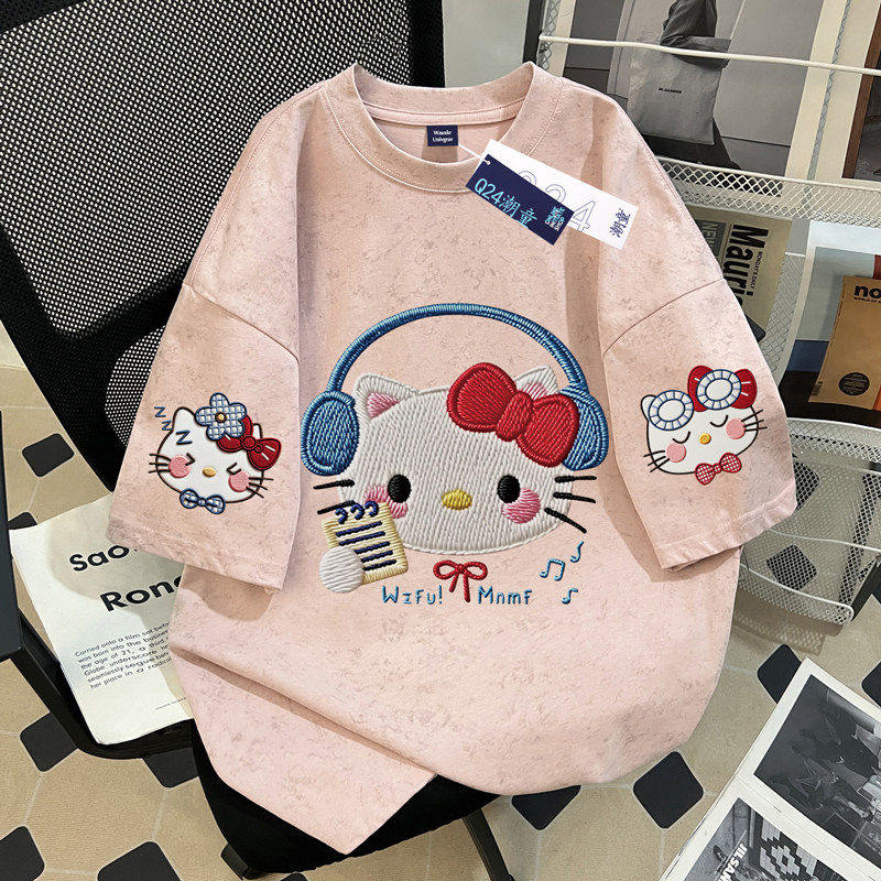 女童扎染纯棉短袖T恤夏季2026新款仿刺绣小猫印花中大童洋气上衣
