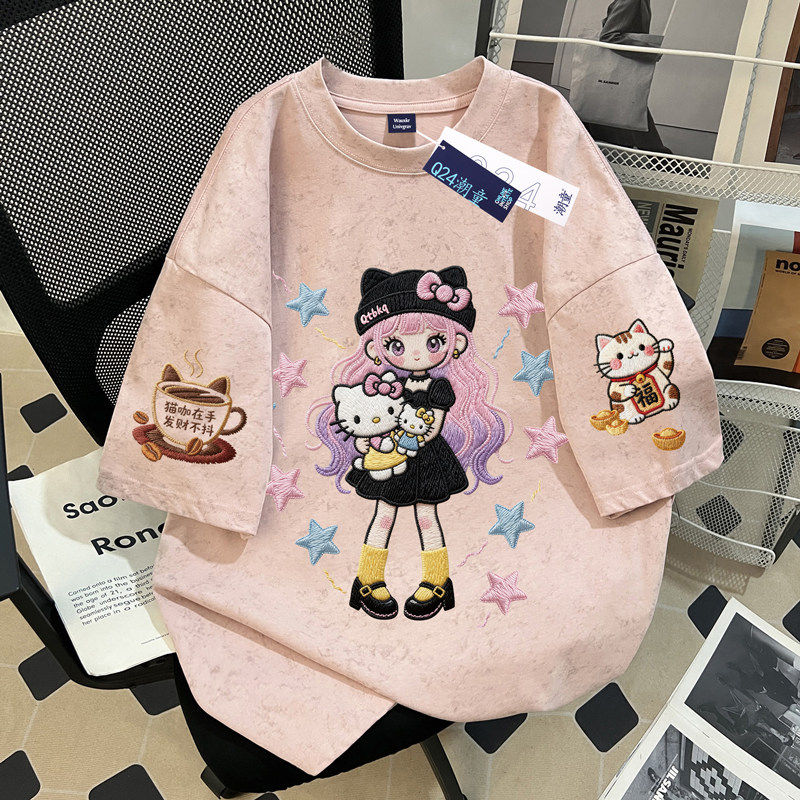 女童100纯棉短袖T恤夏季2026新款卡通小猫女孩中大童扎染宽松上衣