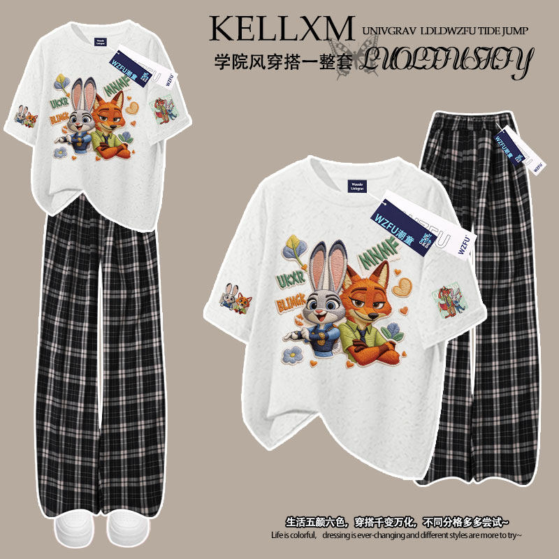 尼克朱迪夏季女童纯棉扎染短袖t恤格子裤套装仿刺绣中大童上衣ins