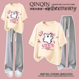 女童纯棉短袖T恤长裤套装夏季2025新款线条小狗洋气中大童两件套