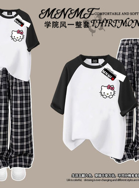 HelloKity卡通女童插肩短袖T恤格子长裤套装夏季简约风时髦两件套