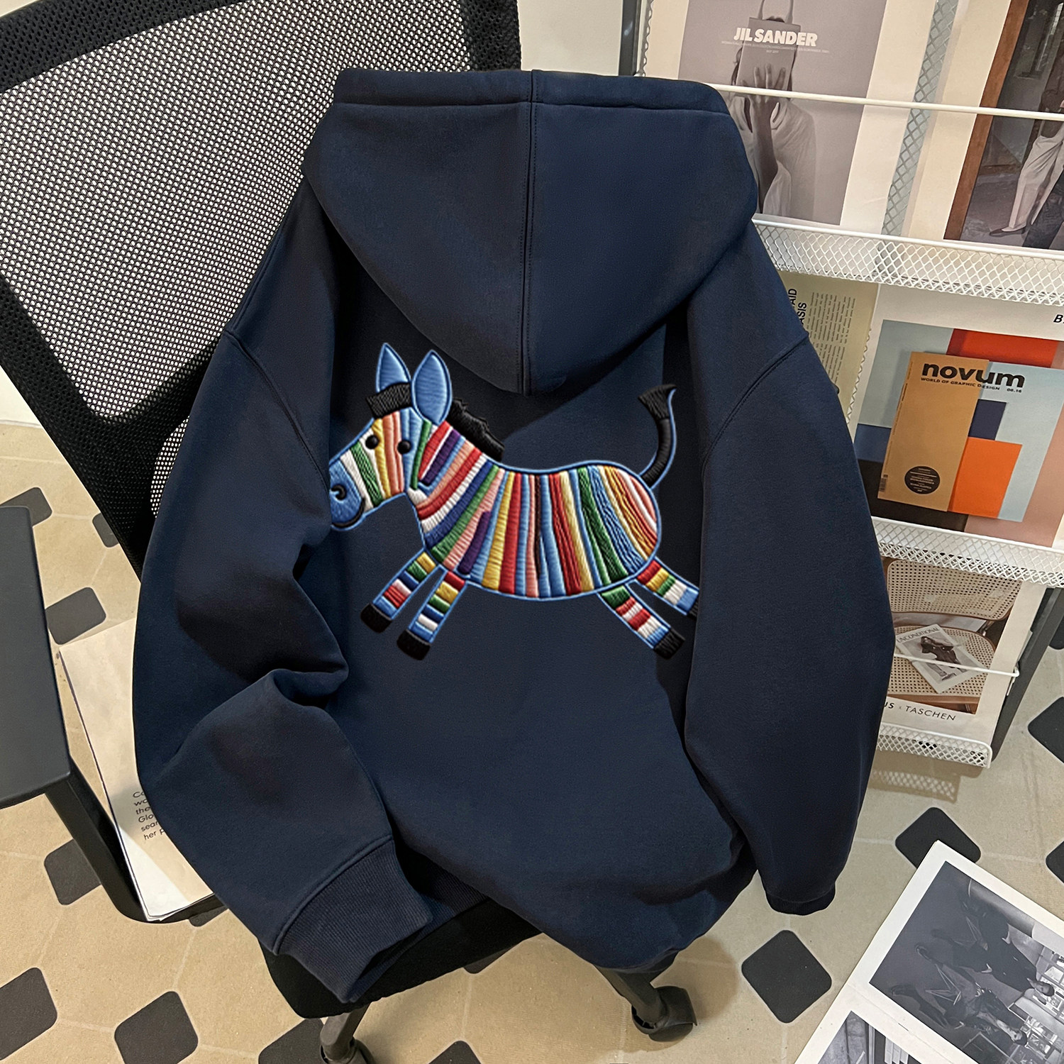 秋冬季男女童拉链连帽卫衣卡通ins彩色斑马仿刺绣中大童宽松上衣