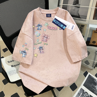 2026男女童新款治愈系卡通史迪仔纯棉扎染短袖t恤中学生宽松上衣