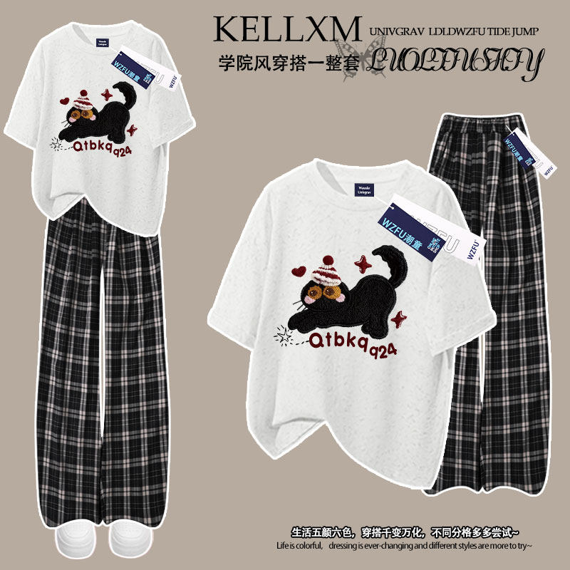 女童纯棉扎染短袖T恤格子裤夏季2026新款中大童卡通猫猫两件套ins