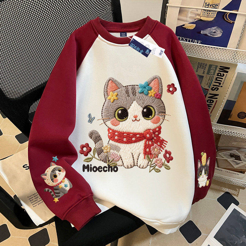 卡通猫咪印花女童撞色圆领卫衣