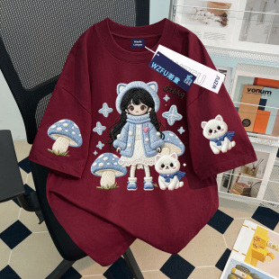 2026夏季女童短袖T恤重磅可爱仿刺绣卡通女孩印花中大童洋气上衣