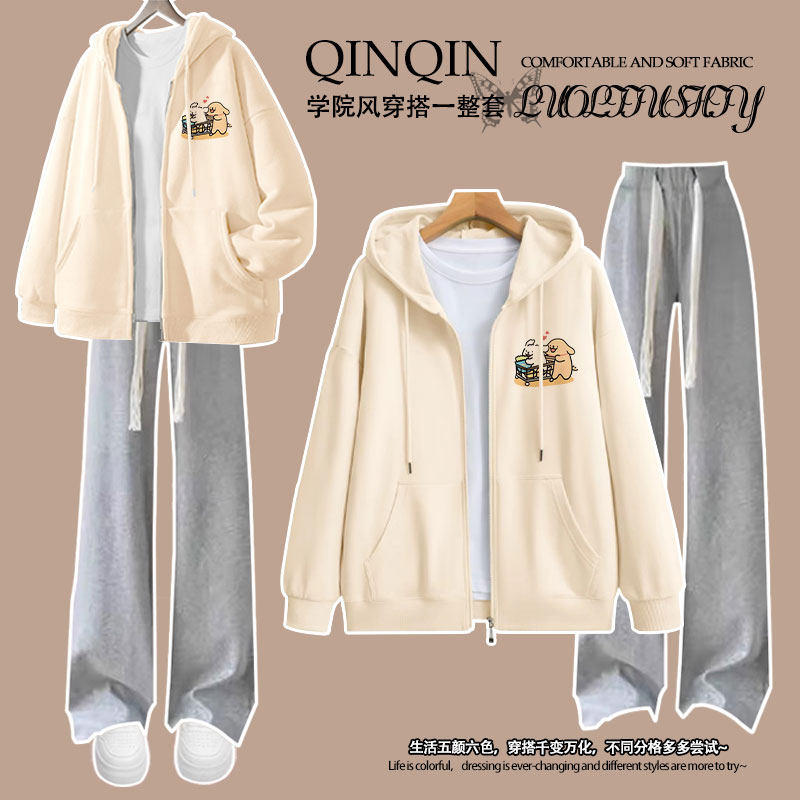 秋冬新款男女童加绒连帽开衫卫衣卡通线条小狗印花中大童长裤套装