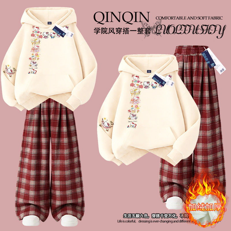 女童连帽卫衣套装2026秋冬新款洋气印花中大童加绒格子裤两件套潮