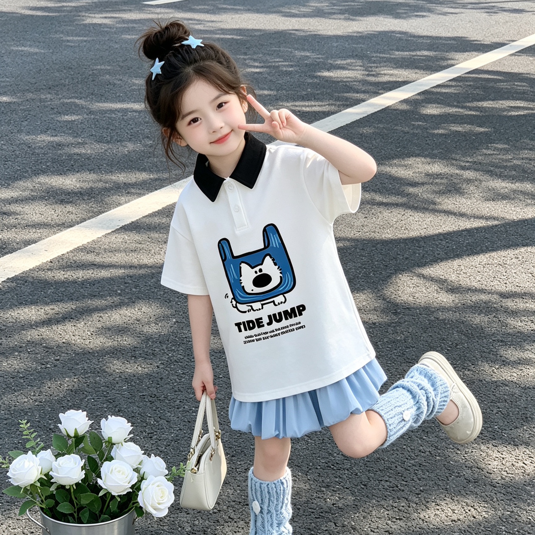 夏季卡通袋子狗狗印花纯棉POLO衫短袖花苞裙套装中大童慵懒风ins