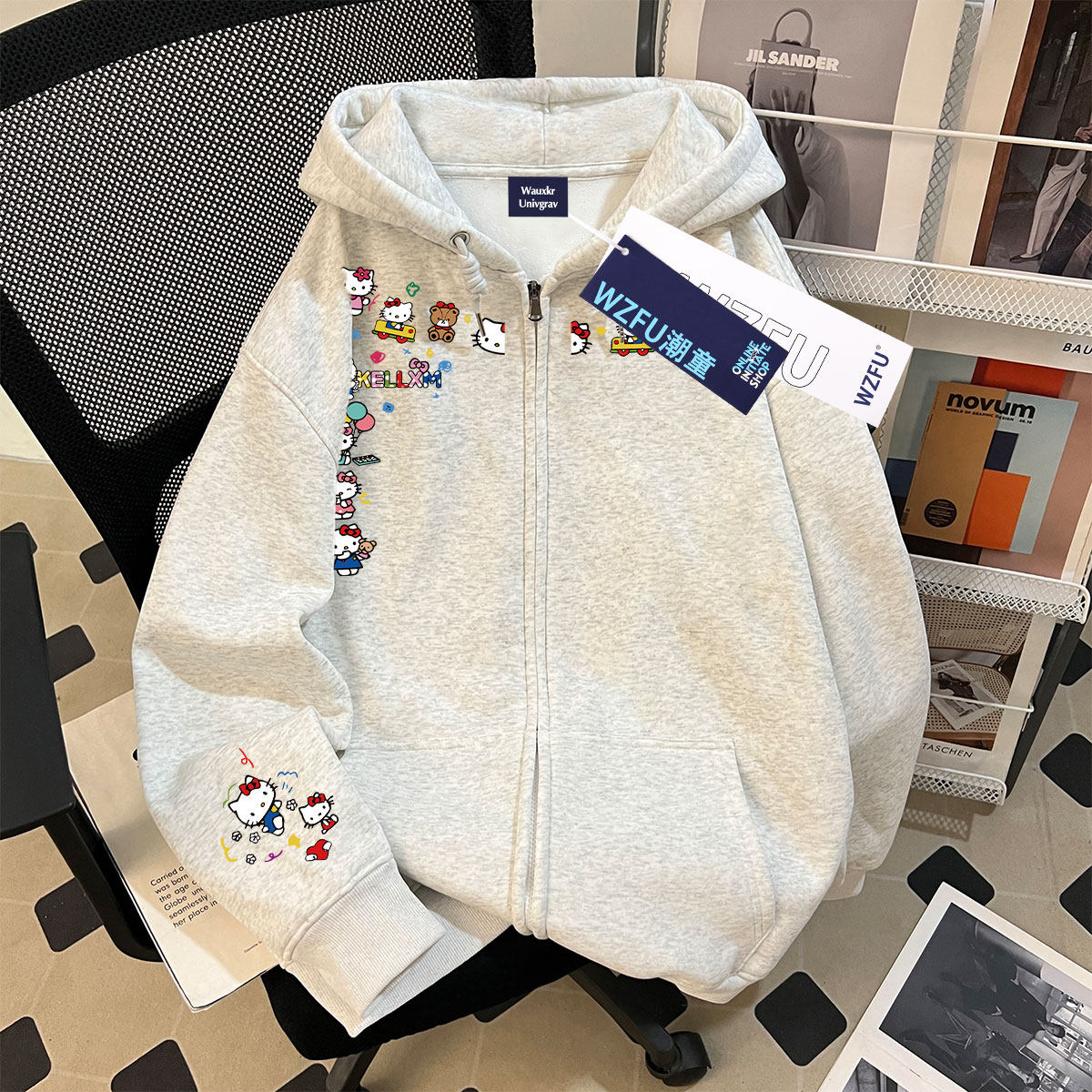 秋冬新款女童加绒连帽开衫拉链卫衣可爱卡通小猫中大儿童洋气外套