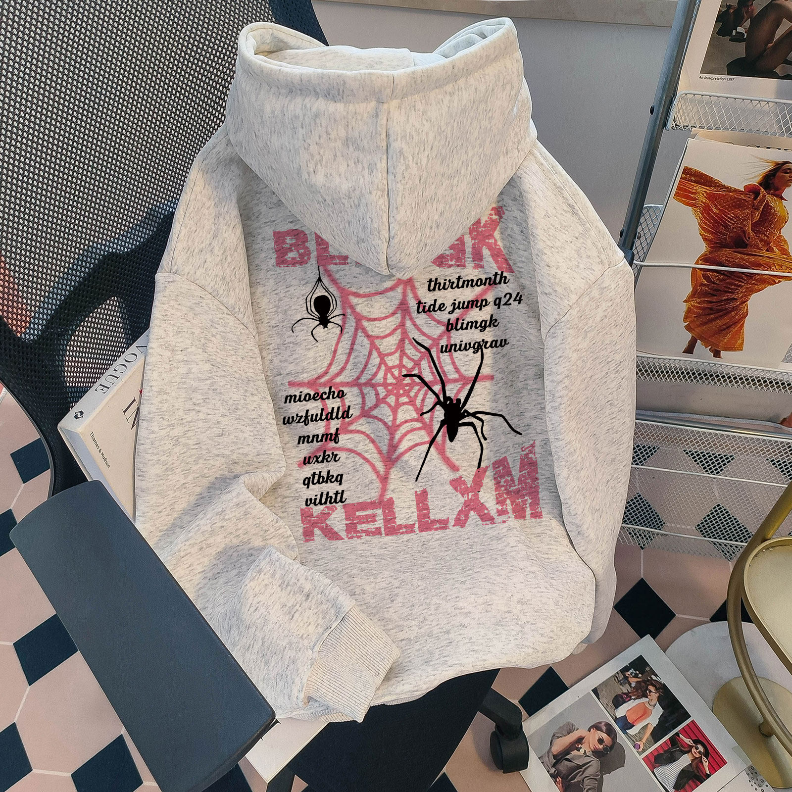 韩系秋冬季男女童连帽卫衣美式潮流字母蜘蛛印花百搭中大童上衣