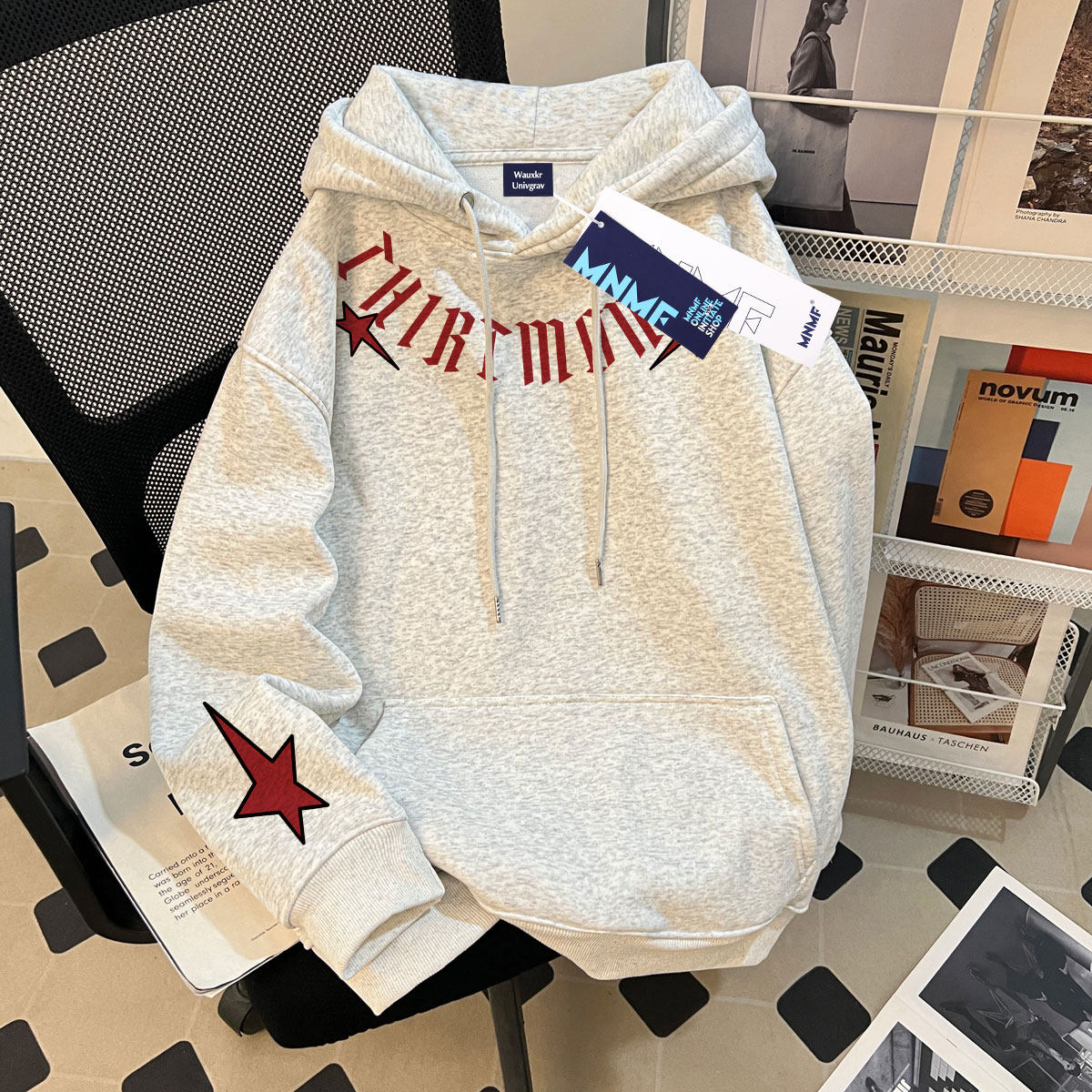 秋冬季新款美式潮牌字母印花男女童加绒连帽卫衣初中生百搭外套潮