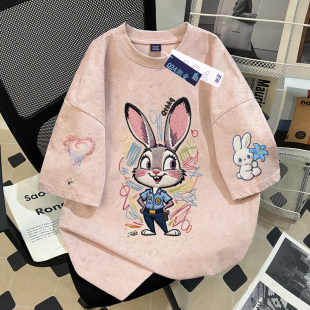 仿刺绣卡通朱迪印花女童扎染短袖T恤中大童夏季纯棉宽松半袖上衣