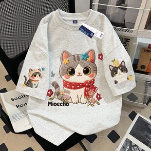 卡通猫咪印花女童纯棉短袖T恤夏季2026新款中大童仿刺绣宽松上衣