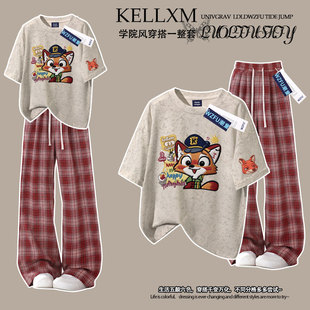 夏季新款国潮卡通女童纯棉扎染短袖t恤格子裤中大童休闲风两件套