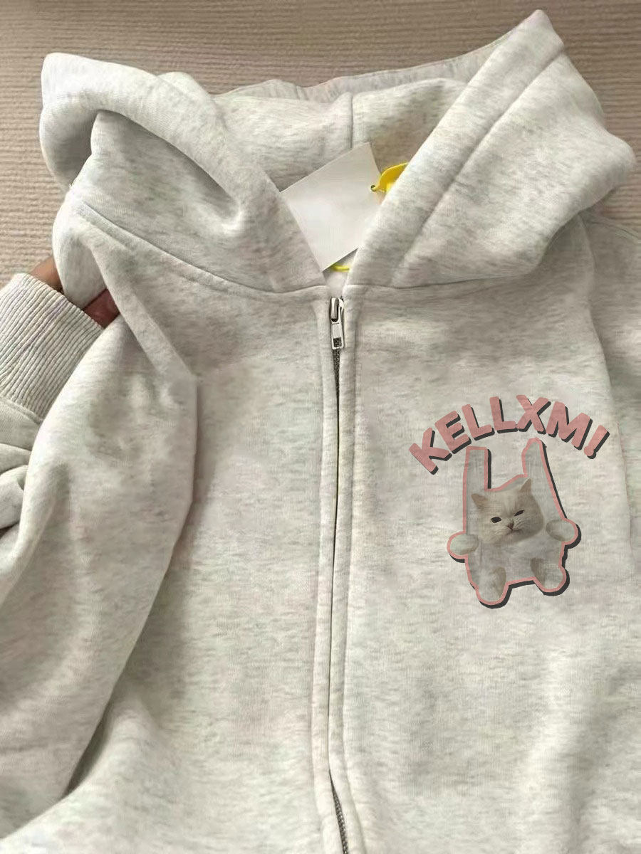 男女童连帽开衫拉链卫衣创意卡通猫咪春装中大童装加绒加厚外套